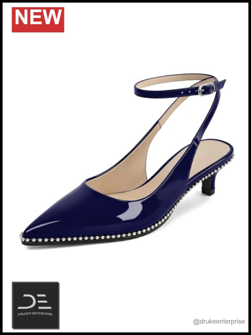 Kitten Heels for Women Slingback Pumps Ankle Strap Pointed Toe Low Heel Patent